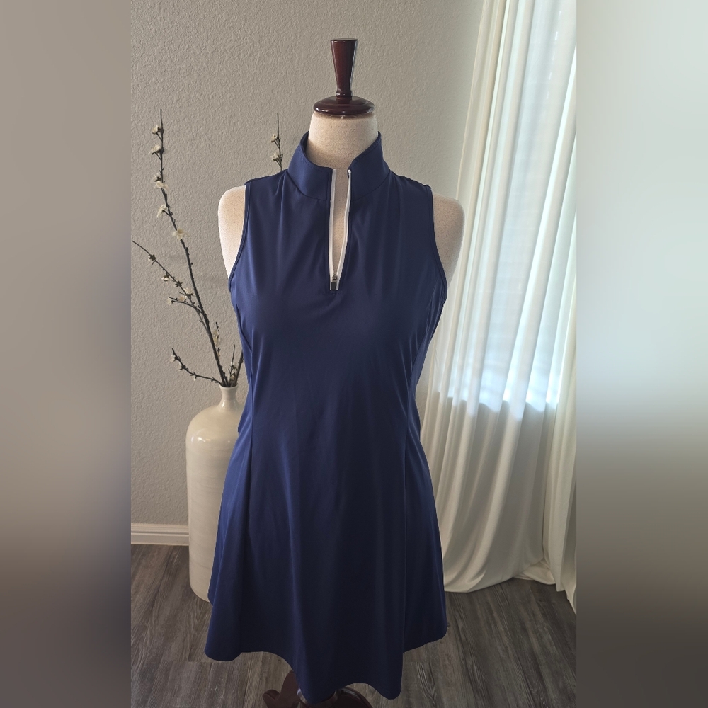 Sleeveless Navy Blue Athletic Dress with Zip Collar And Seperate Shorts